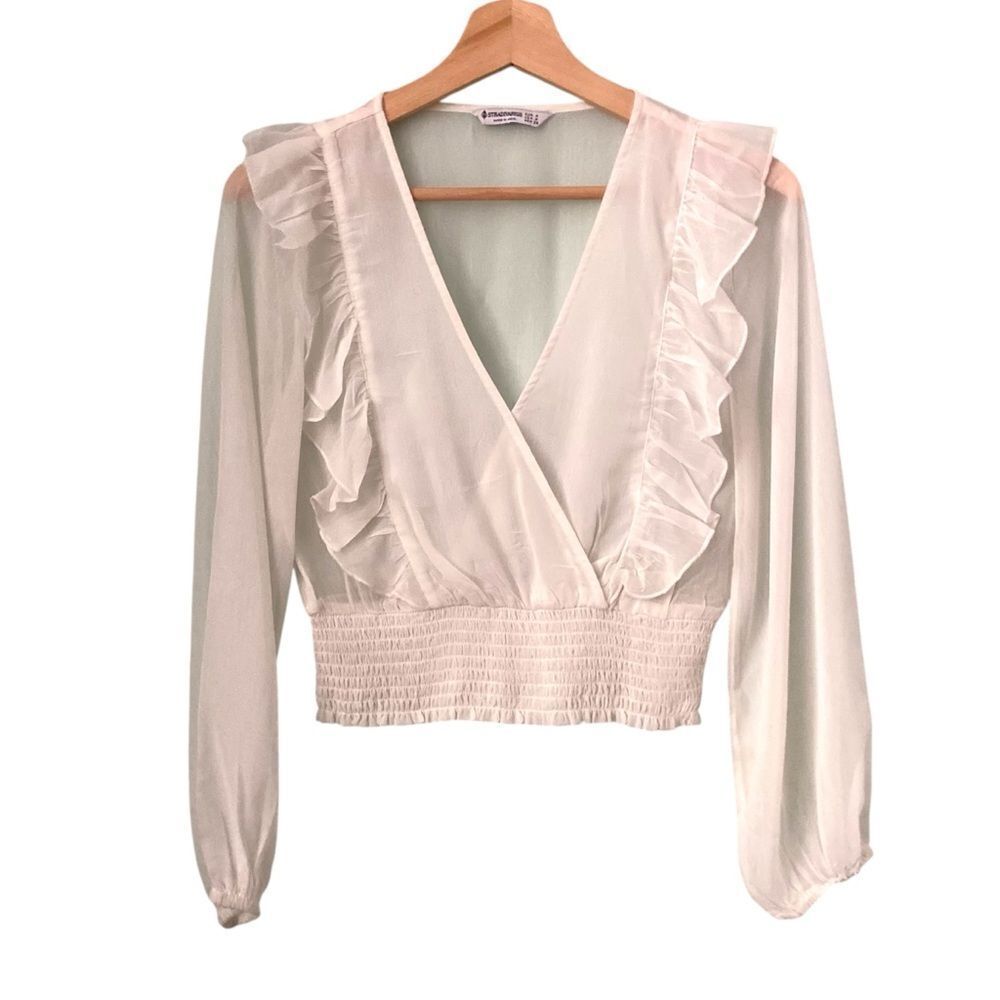 Stradivarius Boho White V-neck Ruffle Blouse Long Sleeve Crop Top in Size Medium